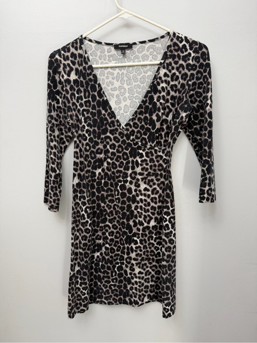 Express Black and Cream Leopard-Print Faux Wrap  Dress